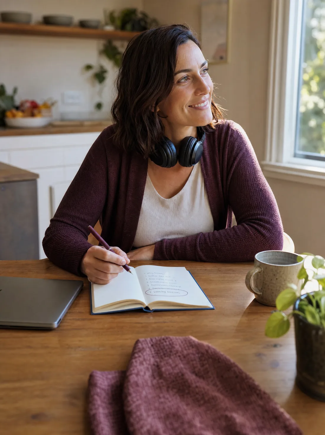 A woman at a sunlit kitchen table, relaxed and smiling after a useful call, with one line circled in her notebook