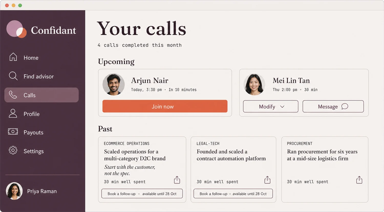 The Calls screen showing upcoming calls and past Recap Cards with a follow-up button