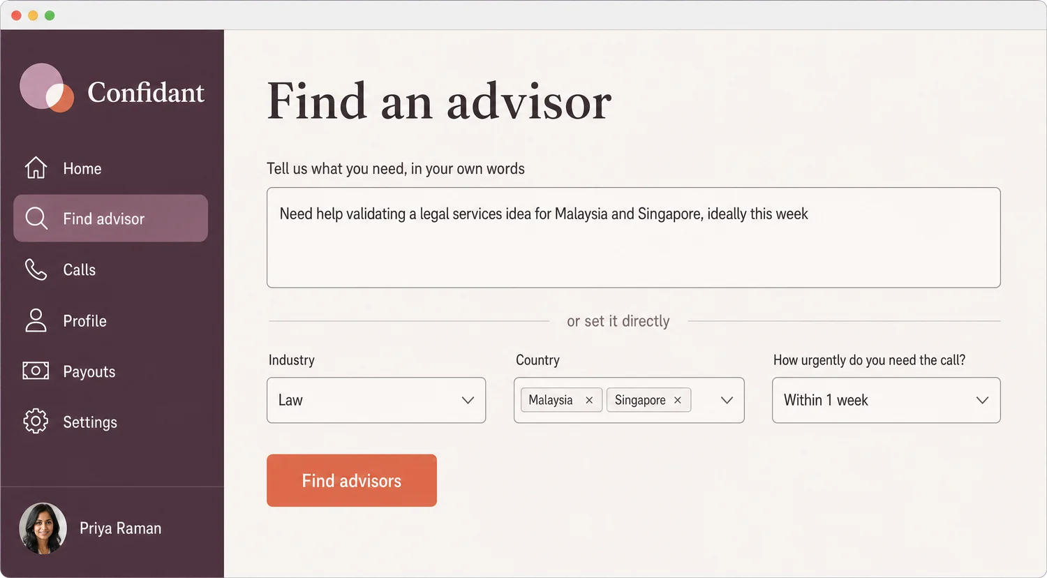The Confidant search screen with a free-text box and filters for industry, country and urgency