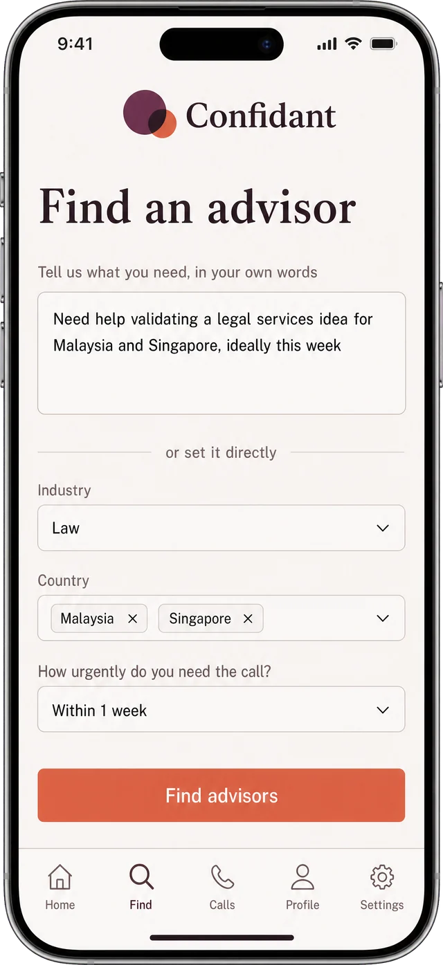 The Confidant mobile search screen with a free-text box and dropdowns for industry, country and urgency