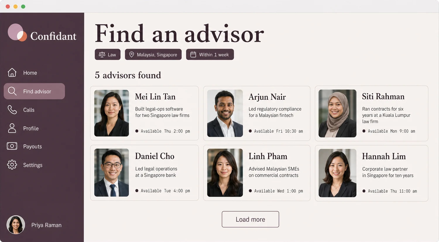 The Confidant shortlist on desktop, showing six advisors with specific credentials for a law search in Malaysia and Singapore